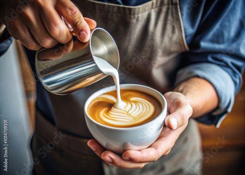 person pours milk into coffee cup, creating beautiful latte art design. warm tones and cozy atmosphere evoke sense of comfort and enjoyment