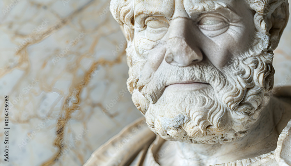 detailed marble sculpture of an old stoic man, possibly representing a roman god, showcasing intricate facial features and a contemplative expression, copy space for text