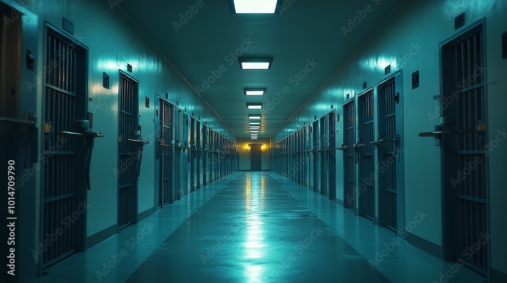 Fototapeta premium A corridor lined with prison rooms, featuring heavy doors and stark walls, evoking a sense of confinement.
