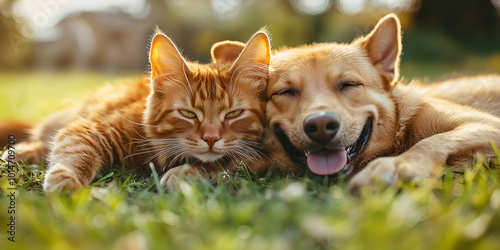 Cute ginger cat and red dog lying together on the grass.