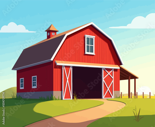 Red Barn with Open Doors on a Farm  
