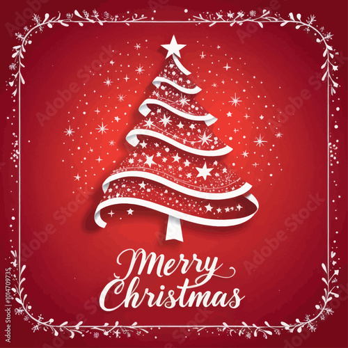 Red Christmas Card with White Tree  
