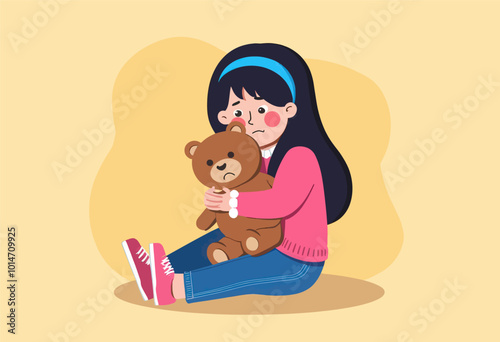 Sad Girl Hugging Teddy Bear 
