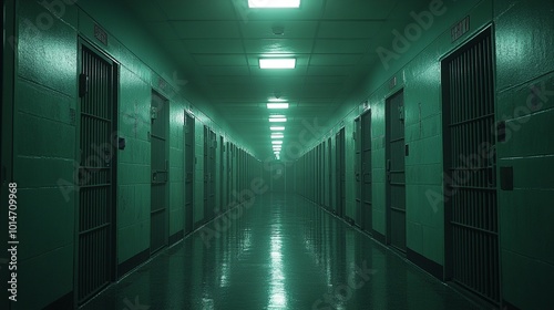 A long, shadowy corridor in a prison, showcasing rows of locked rooms that emphasize the feeling of entrapment.