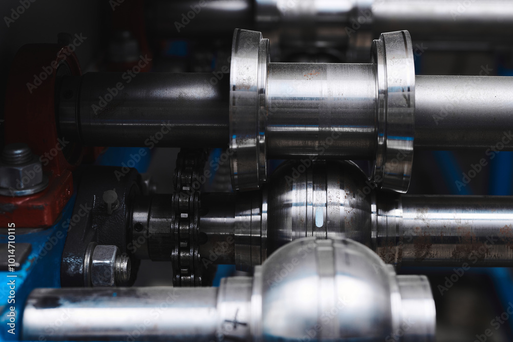 Rolled metal, metal processing and manufacturing of metal fence, close-up of metal rolling equipment at the factory Rolled metal, metal processing and manufacturing of metal fence, close-up of metal rolling equipment at the factory