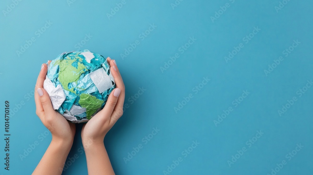 Hands gently hold a globe made of plastic waste against a blue background, symbolizing environmental pollution Hands gently hold a globe made of plastic waste against a blue background, symbolizing environmental pollution