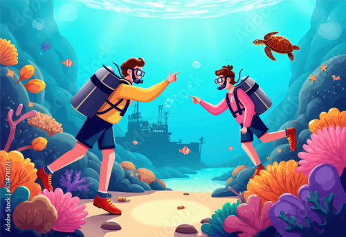 Scuba Divers Exploring Underwater Reef 
