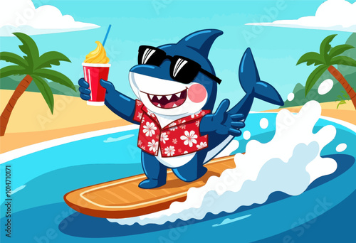 Shark Surfing on Beach with Drink 
