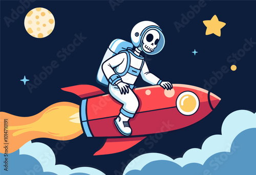 Skeleton Astronaut Riding Rocket  
