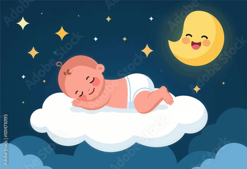 Sleeping Baby on Cloud with Smiling Moon 
