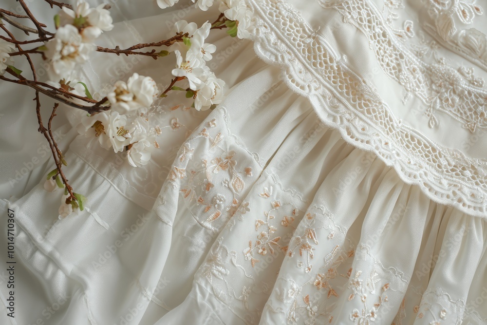 A close-up details of a white baby dress with exquisite floral embroidery, displayed in a natural setting with soft lighting A close-up details of a white baby dress with exquisite floral embroidery, displayed in a natural setting with soft lighting