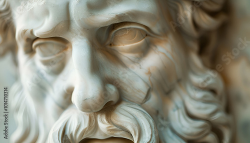 detailed marble sculpture of an old stoic man, possibly representing a roman god, showcasing intricate facial features and a contemplative expression, copy space for text photo