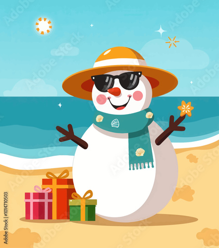Snowman on the Beach with Sunglasses and Hat 
