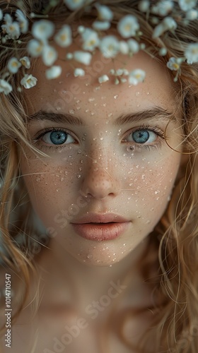 Close-up Portrait of a Woman with Water Drops and Flowers