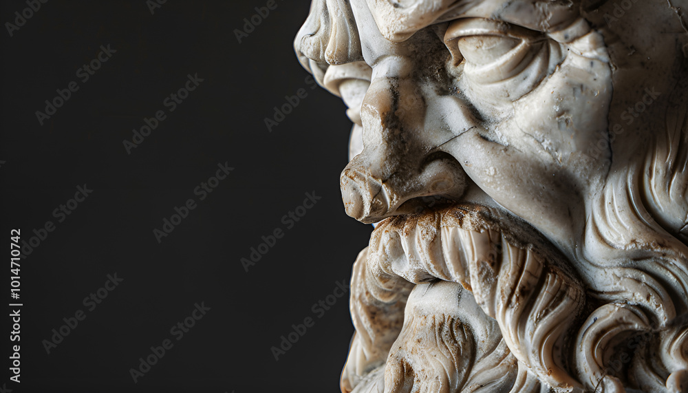 detailed marble sculpture of an old stoic man, possibly representing a roman god, showcasing intricate facial features and a contemplative expression, copy space for text detailed marble sculpture of an old stoic man, possibly representing a roman god, showcasing intricate facial features and a contemplative expression, copy space for text