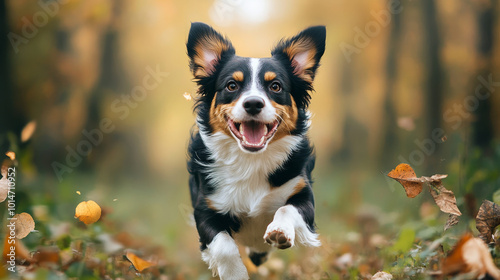 A happy dog runs joyfully through forest path covered in autumn leaves, showcasing its playful spirit and vibrant energy. warm colors of fall enhance cheerful atmosphere