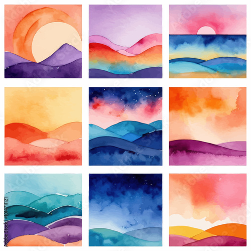 Vibrant Abstract Landscapes: Sunset and Night Scenes in Watercolor