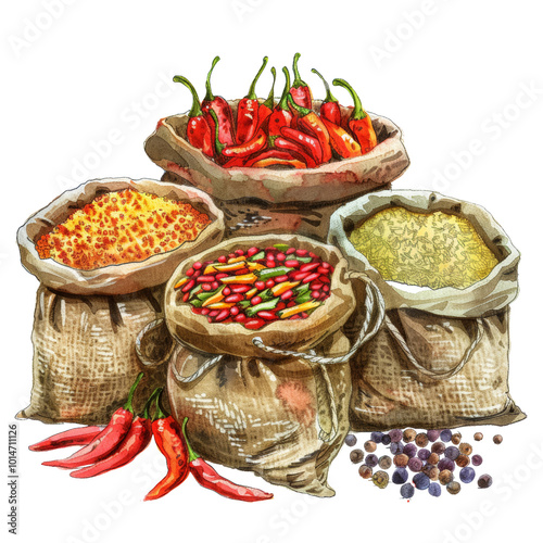 Assorted Spices and Chilies in Decorative Burlap Bags.