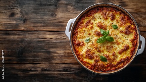 A dish of baked lasagna with melted cheese and fresh basil leaves.