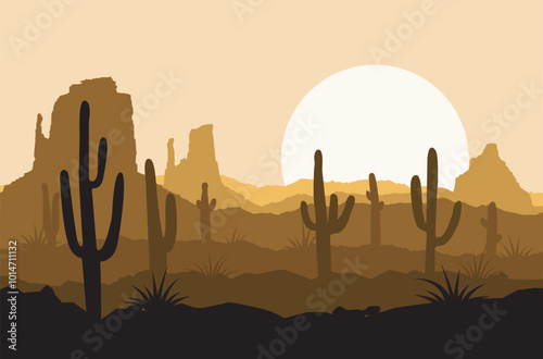 Desert landscape background with dunes, cacti, sun. Silhouette of desert and cacti. Sunset in the desert. Vector illustration