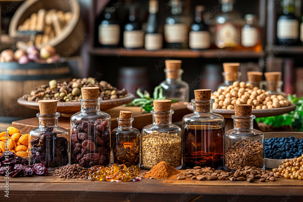 A vibrant collection of spices, herbs, and oils is neatly arranged on a wooden table in a rustic market, showcasing a variety of natural ingredients and flavors