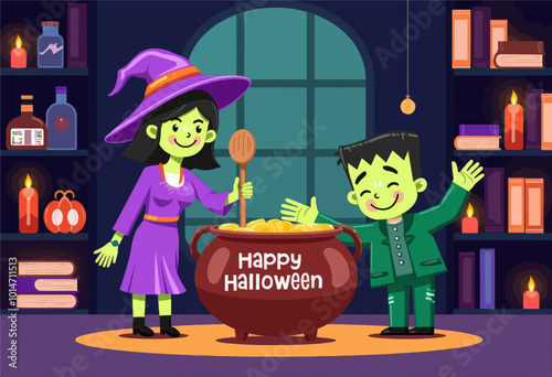 Witch and Frankenstein Monster Celebrate Halloween  
