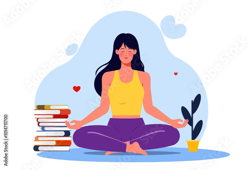 Woman Meditating with Books and Plant