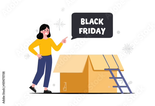 Woman Pointing at Black Friday Box  
