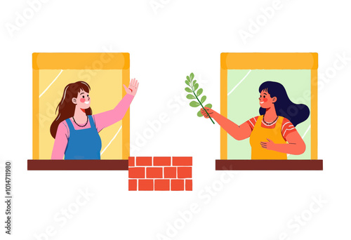 Women waving from windows, separated by wall