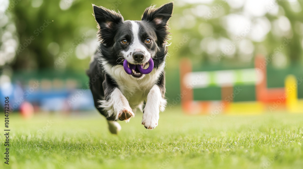 A playful dog runs joyfully across grassy field, chasing purple toy. scene captures excitement and energy of fun outdoor activity A playful dog runs joyfully across grassy field, chasing purple toy. scene captures excitement and energy of fun outdoor activity