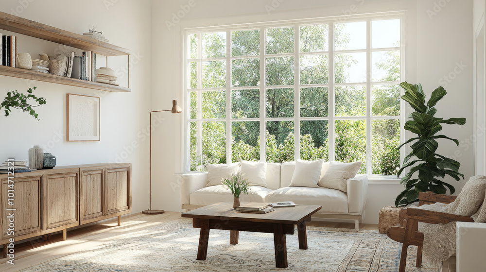 Fototapeta premium A bright and airy living room featuring large windows that invite natural light, cozy sofa, and wooden coffee table. greenery outside enhances serene atmosphere