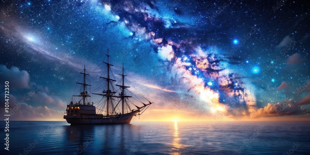 Pirate ship sailing under a galaxy sky in a bioluminescent sea, Pirate ship, sailing, galaxy, bioluminescence, sea, night Pirate ship sailing under a galaxy sky in a bioluminescent sea, Pirate ship, sailing, galaxy, bioluminescence, sea, night