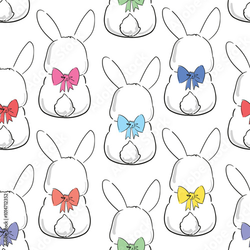 Seamless Pattern Cute Rabbit and Bow Hand Drawn Bunny, print design rabbit background. Vector Seamless. Print Design Textile for Kids Fashion.