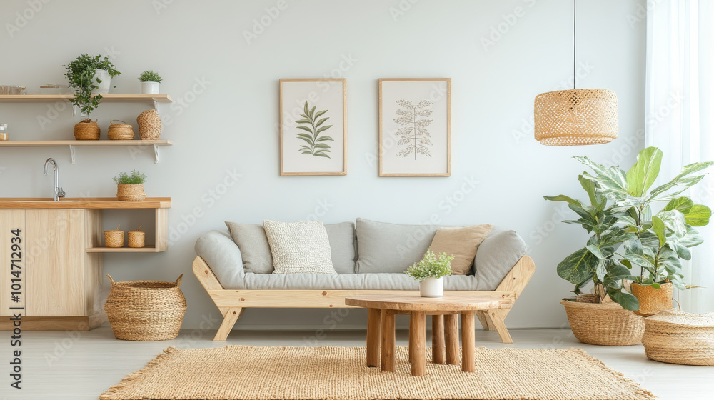 Obraz premium A cozy living room featuring light colored sofa, wooden furniture, and various plants. serene atmosphere is enhanced by natural textures and soft colors, creating welcoming space