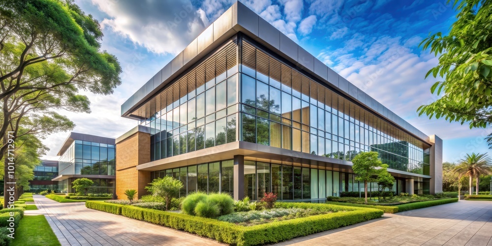 Commercial building with a modern fa?ade and a lush garden in front , facade, commercial, building, modern, garden Commercial building with a modern fa?ade and a lush garden in front , facade, commercial, building, modern, garden