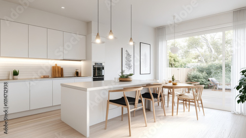 Modern kitchen interior design featuring minimalist aesthetic with white cabinetry, wooden accents, and natural light streaming in. space is inviting and stylish, perfect for family gatherings