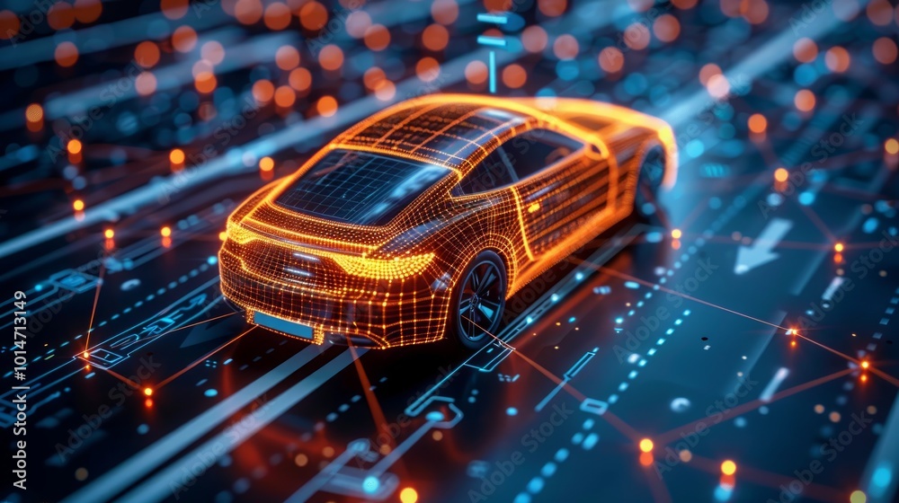 A futuristic car driving on a circuit board-like road, with a glowing orange outline and digital connections.