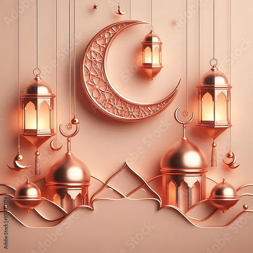 illustration of Ramadan Kareem (Generous Ramadan) greetings for Islam religious festival Eid with crescent moon
 photo