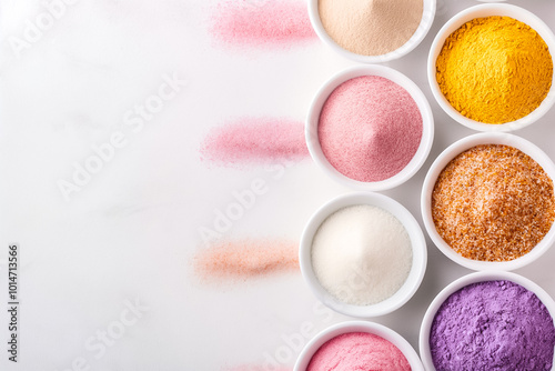 An assortment of vibrant powdered spices and pigments is arranged in small white bowls on a light background, showcasing colors like yellow, pink, and purple