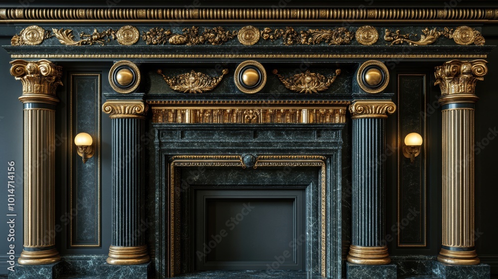 Obraz premium Elegant marble fireplace with brass geometric details and Art Deco elements in a sophisticated interior setting