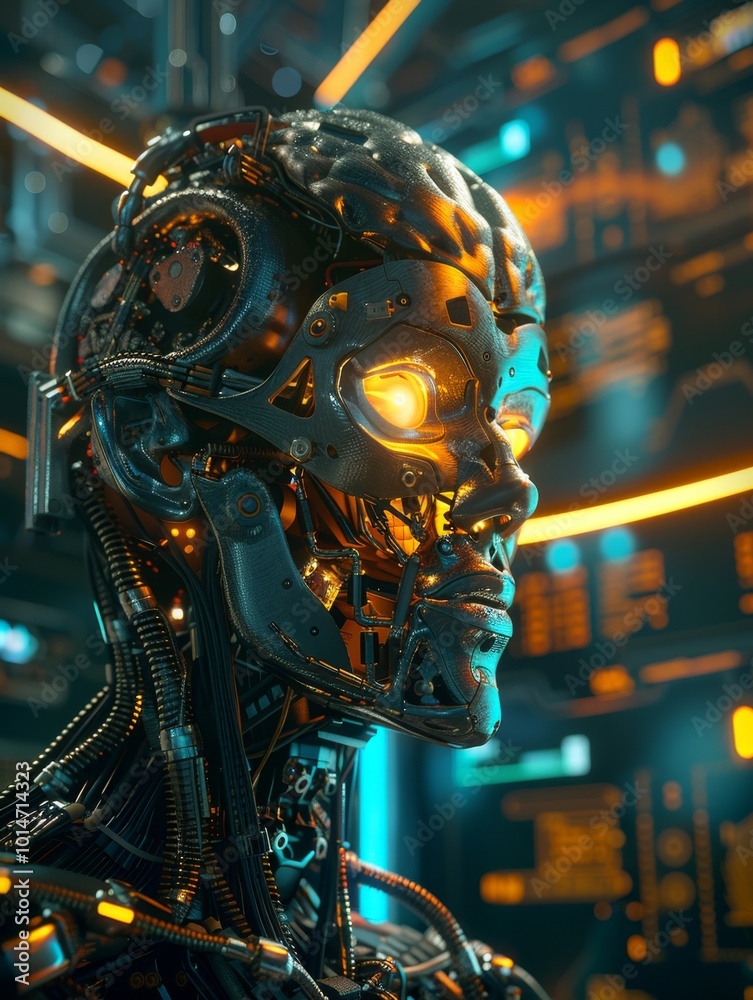 Fototapeta premium A robot with a face made of metal and wires