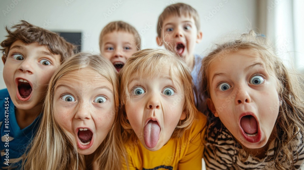 Children making silly and goofy faces, capturing the expressive gestures of their facial expressions Children making silly and goofy faces, capturing the expressive gestures of their facial expressions