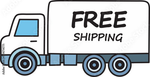 White trucks are loaded with free shipping promotional signs to deliver to customers and there are boxes of packages floating in air around them, flat vector for delivery advertisement design