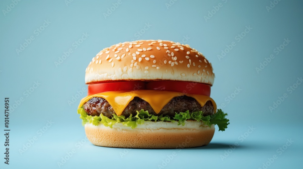 A cheeseburger on a light blue background. A cheeseburger on a light blue background.