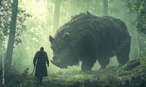 A man stands before a hairy beast in a foggy photo