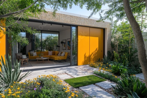 Contemporary garden room with goldenrod sliding doors, integrated into a chic, minimalist courtyard High-res, modern outdoor living photo