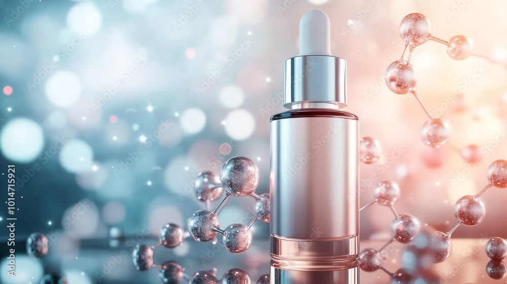 A glass bottle with a dropper filled with a clear liquid, with a silver cap. The bottle is surrounded by metallic molecular structures, with a blurry background of blue, white and orange lights. A glass bottle with a dropper filled with a clear liquid, with a silver cap. The bottle is surrounded by metallic molecular structures, with a blurry background of blue, white and orange lights.