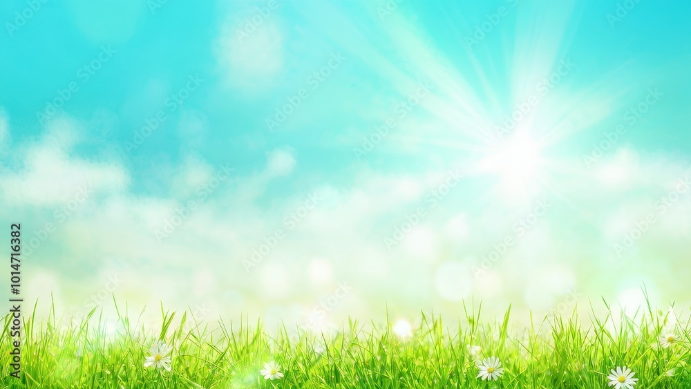 A serene landscape featuring bright blue skies, sun rays, and lush green grass with flowers. A serene landscape featuring bright blue skies, sun rays, and lush green grass with flowers.