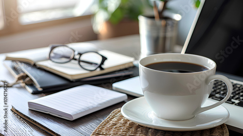 Minimalist home office setup with a laptop, notebook, and cup of coffee on a clean desk