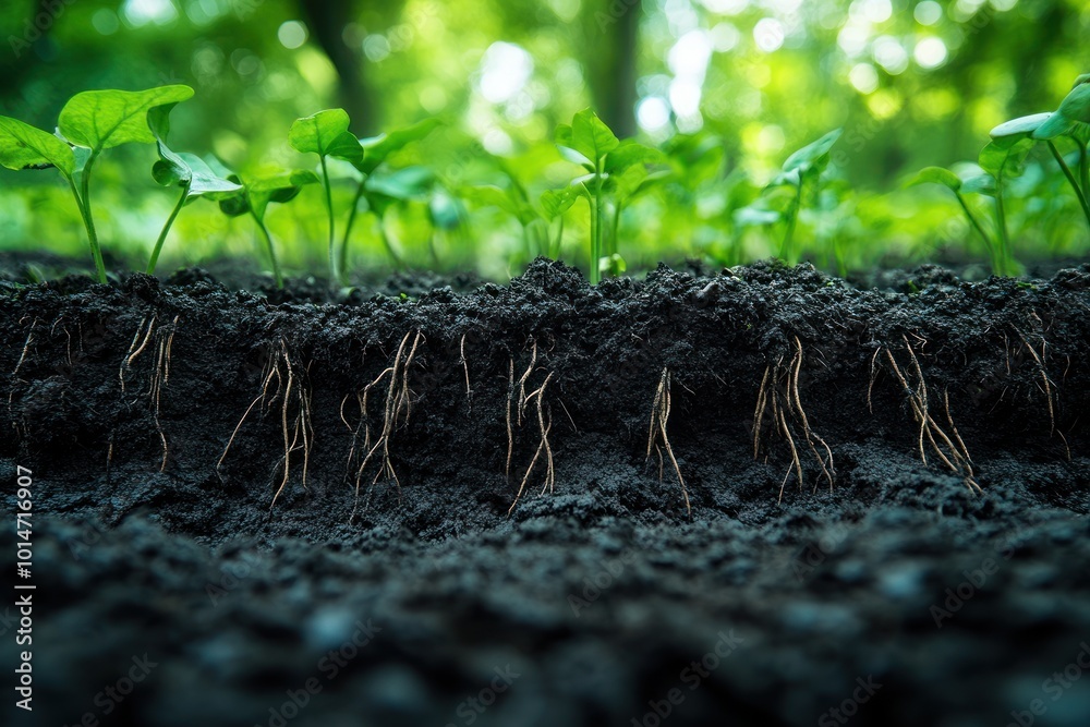 Fototapeta premium Close-up of young green seedlings growing in rich dark soil with visible roots.